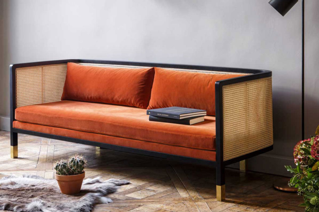 Orange velvet and cane sofa by Red Edition